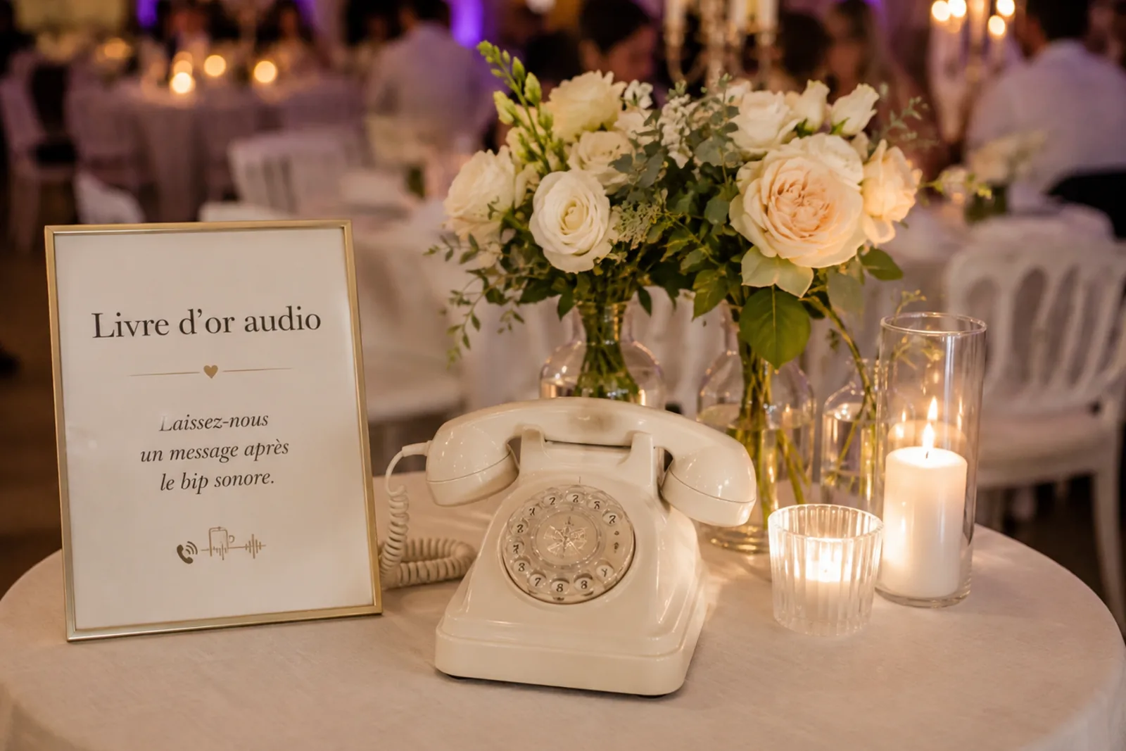 Mariage — combiné vintage du livre d'or audio posé sur un guéridon