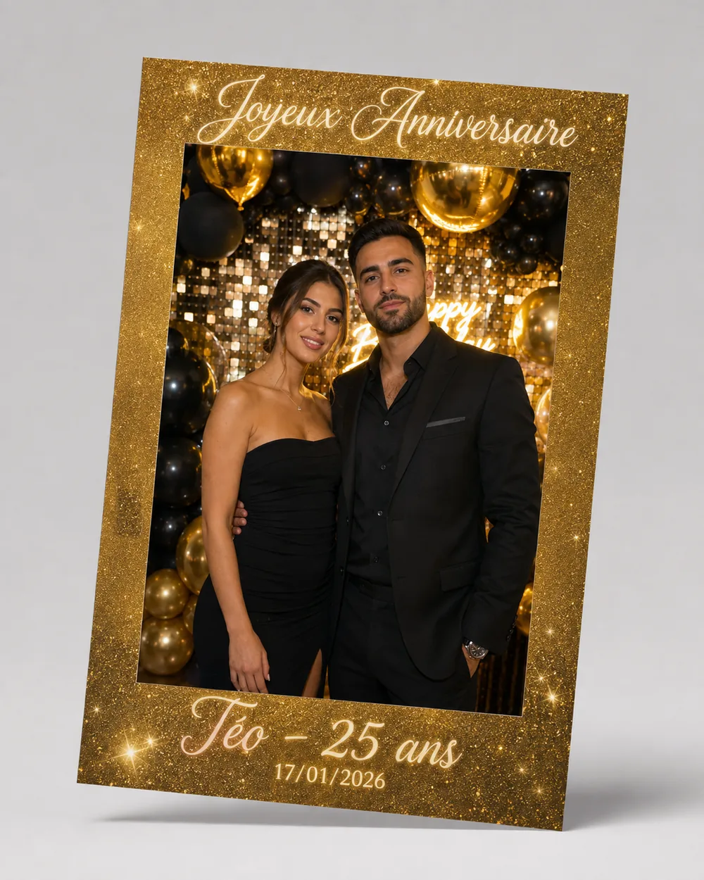 Tirage photo d'anniversaire encadré or et noir personnalisé au prénom