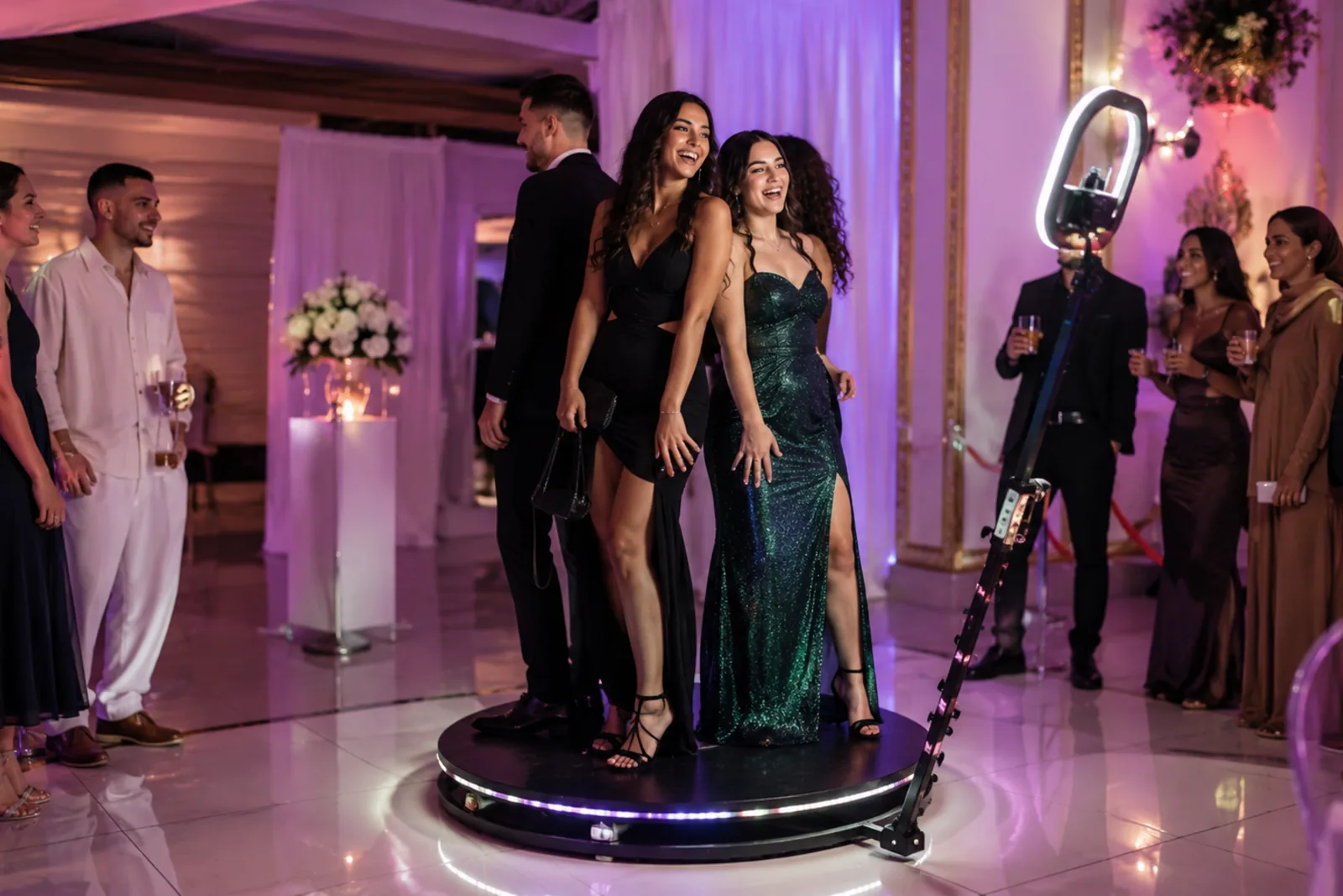 Soirée — plateau tournant du vidéobooth 360° au centre de la piste